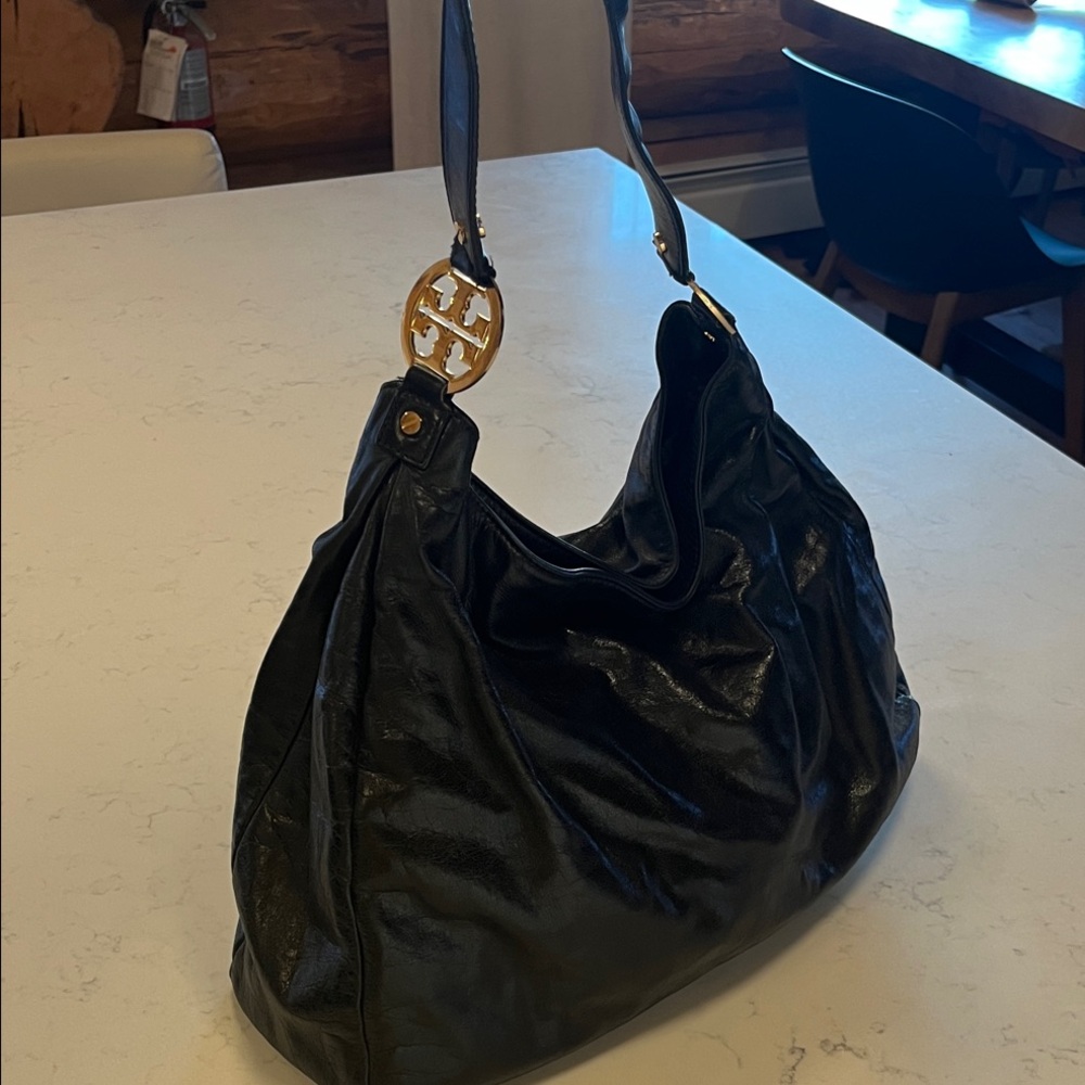 TORY BURCH destressed hobo Black Leather Shoulder Bag with Gold accents